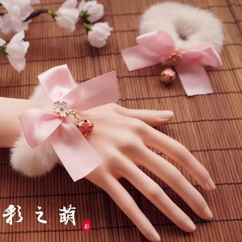 COSPA&middot;日系少女洛丽塔樱花铃铛毛绒发圈发饰手环甜美蝴蝶结